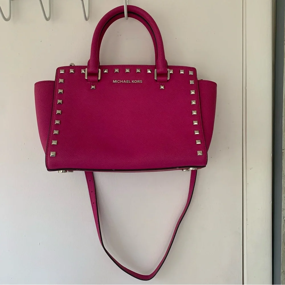 Michael Kors Fuchsia Pink Leather Medium Size Studded Satchel - Picture 2 of 12